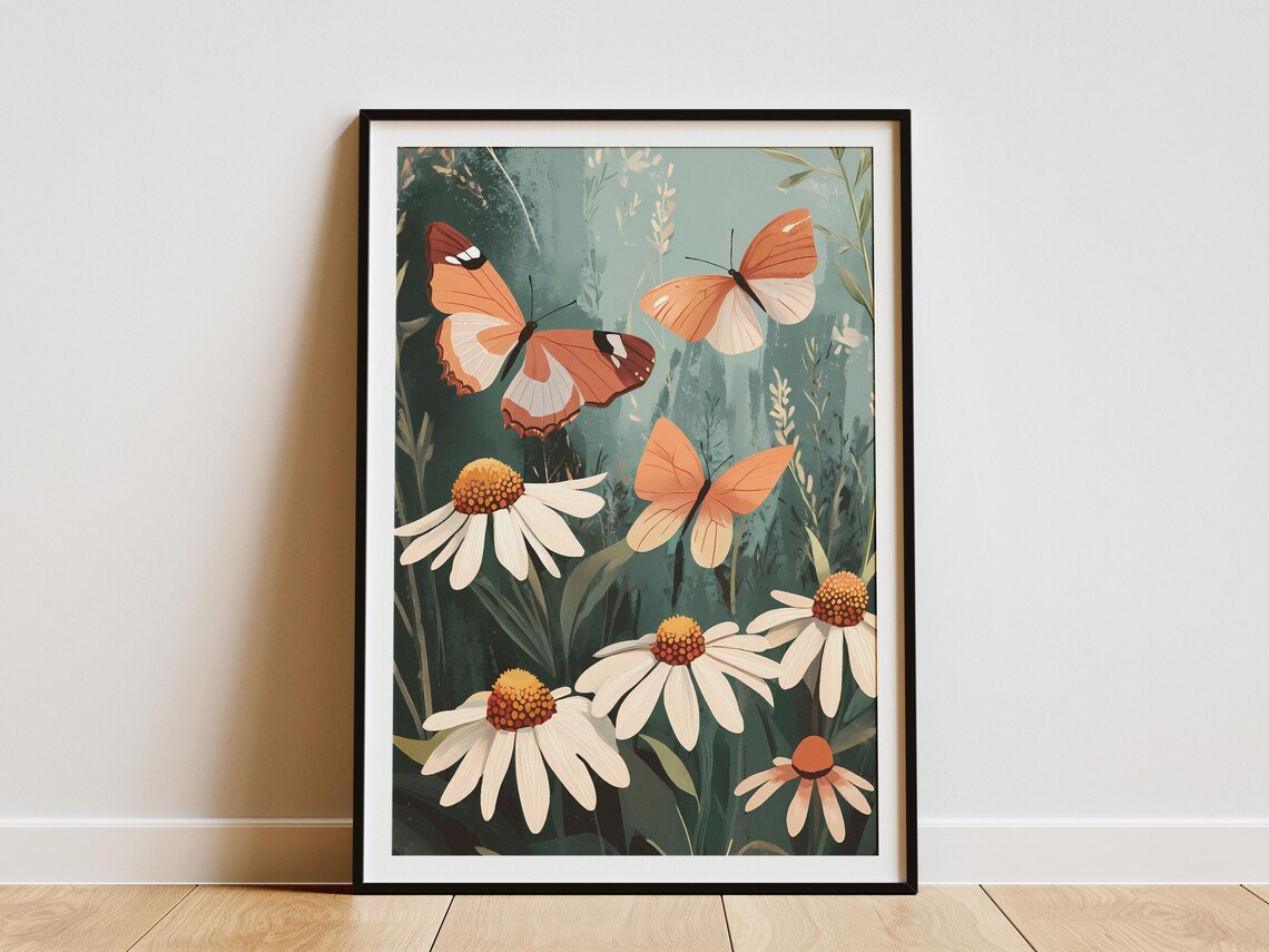 Orange Butterflies Over White Coneflowers Dark Botanical Poster