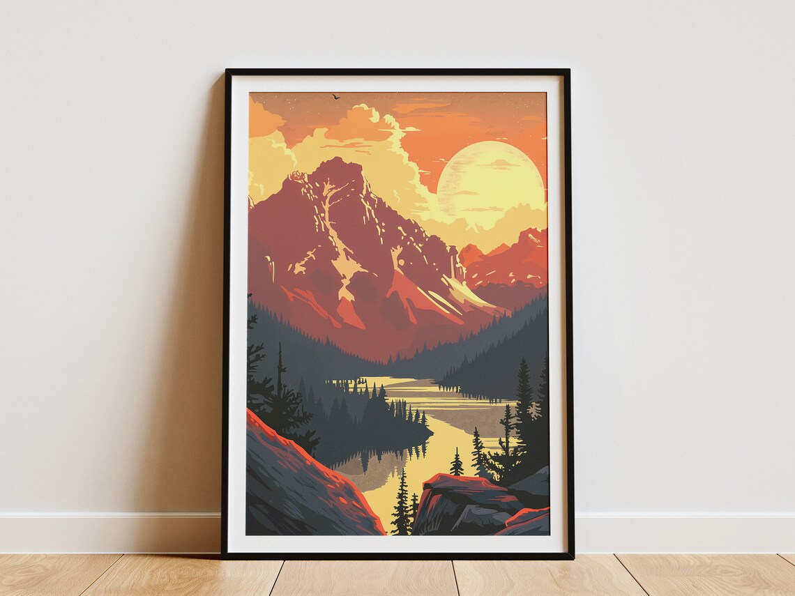 Alpine Lake Sunset Fiery Red Peaks Vintage Mountain Travel Poster