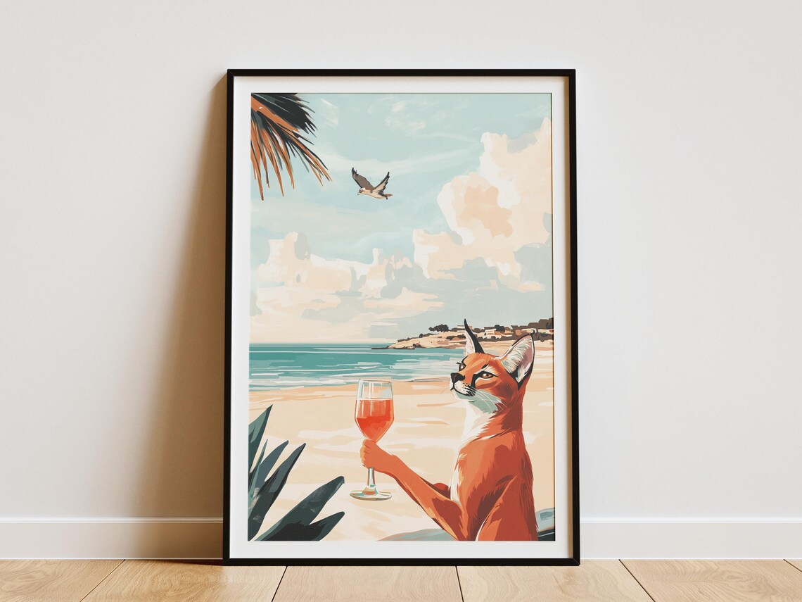 Elegant Caracal Cat Holding a Wine Glass at Sunset Beach Poster
