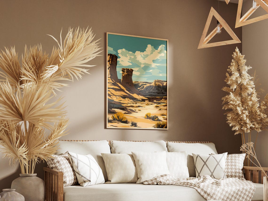 Desert Rock Hoodoos Sandy Plain Scrub Blue Sky Landscape Poster - Image 3