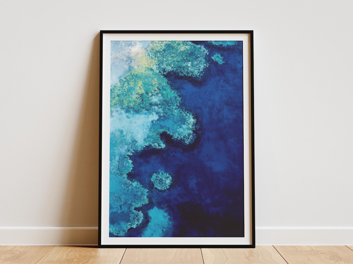 Deep Blue Ocean Coral Reef Aerial View Modern Abstract Art Poster