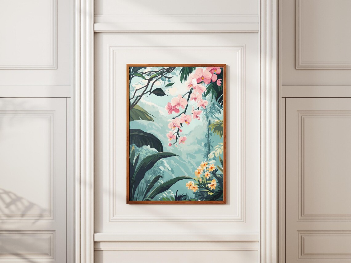 Pink Orchid Rainforest Jungle Tropical Floral Mist Illustration Poster - Image 2