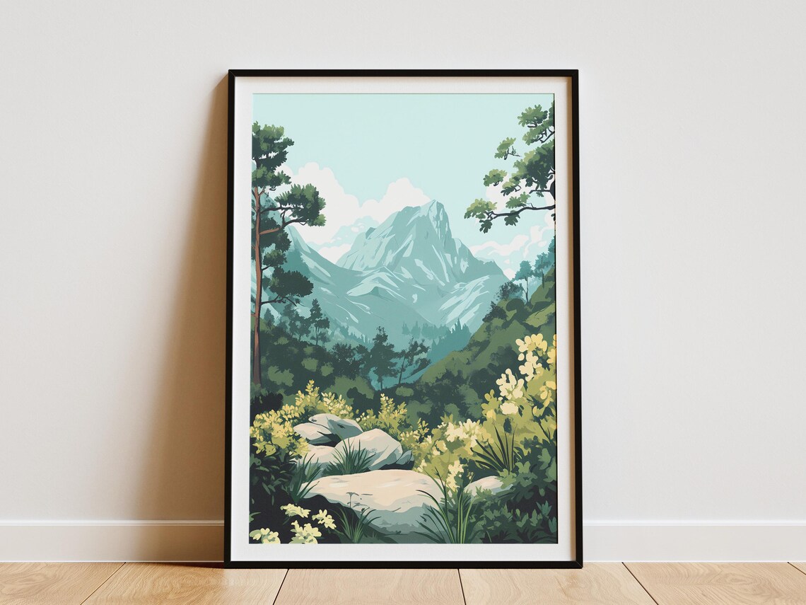 Alpine Valley Pines Yellow Wildflowers Stream Mountain Poster