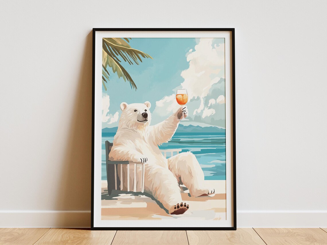 Happy Polar Bear Raising Cocktail Glass On Tropical Beach Poster