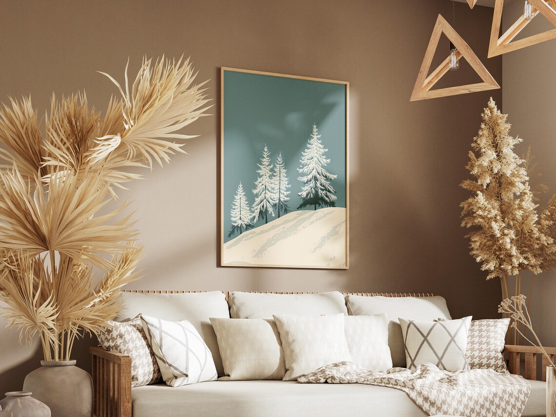 Minimalist Snowy White Pine Trees on Teal Winter Landscape Poster - Image 3