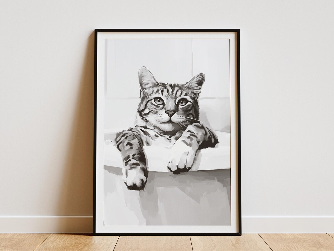 Lazy Tabby Cat in Bathtub Relaxed Minimalist Bathroom Poster