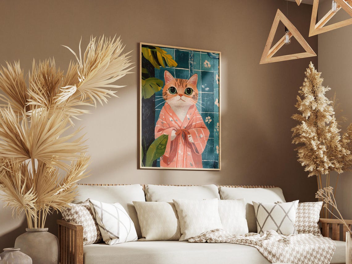 Scottish Fold Cat Art Print Pink Bathrobe Bathroom Poster Funny Lover Gift Quirky Home Decor Modern Wall Unique Illustration - Image 3