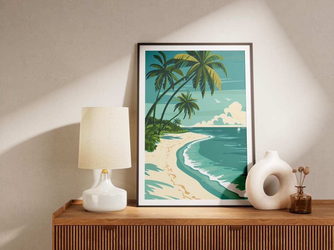 Tropical Sandy Beach Palm Trees Turquoise Ocean Vacation Poster - Image 2