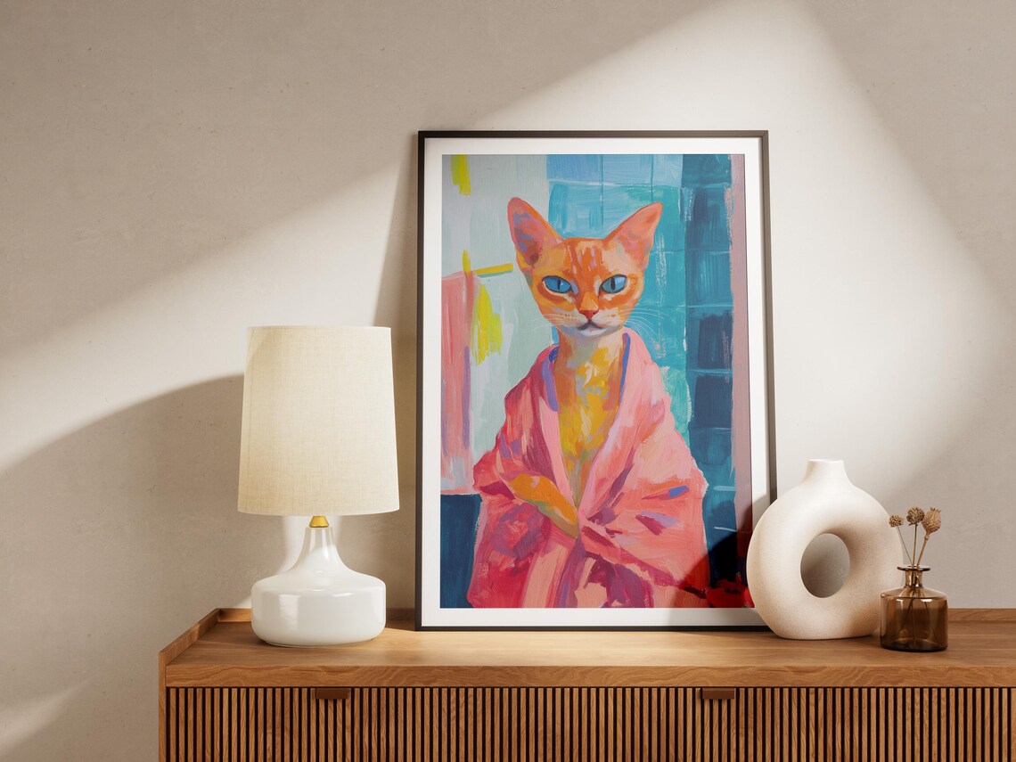 Orange Cat in Pink Bathrobe Blue Tile Bathroom Whimsical Cat Poster - Image 4