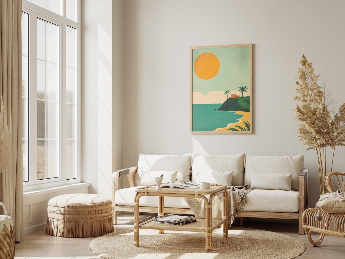 Minimalist Beach Giant Sun Teal Sea Green Headland Sunset Poster - Image 4