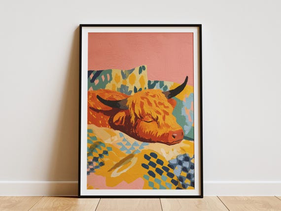 Matisse Style Highland Cow Sleeping Art Print Abstract Painting Wall Decor Modern Farmhouse Bedroom Nursery Poster Cozy Animal Gift