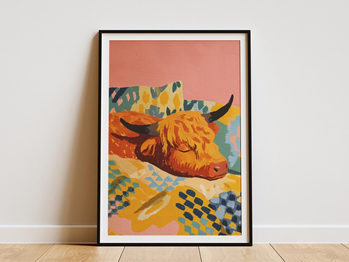 Highland Cow Sleeping Matisse Style Abstract Gouache Art Poster