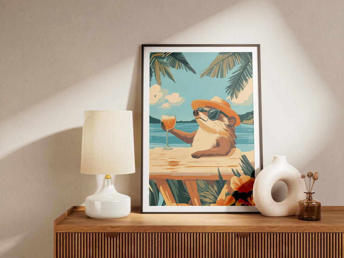 Hedgehog In Sunglasses And Sun Hat Raising Cocktail Beach Poster - Image 5