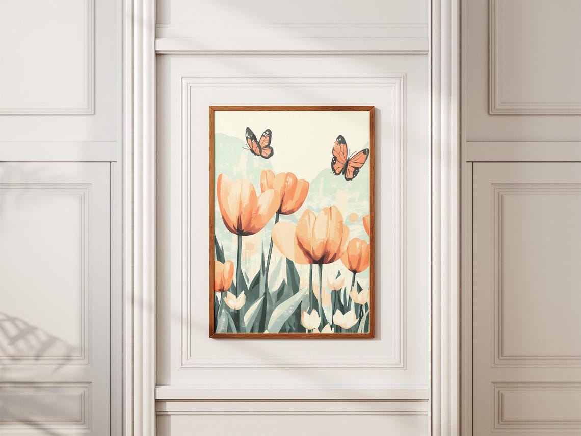Peach Tulips With Monarch Butterflies On Mint Background Poster - Image 2