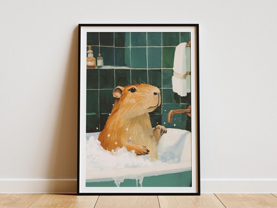 Cute Capybara In A Bathtub Bathroom Animal Print Funny Rodent Poster Whimsical Art Modern Animal Illustrationunique Capybara Giftcute