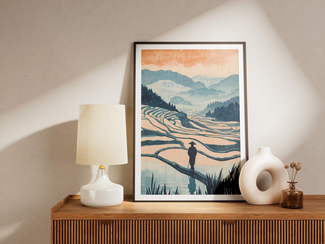 Farmer Silhouette Curved Rice Terraces Dawn Mountains Poster - Image 5