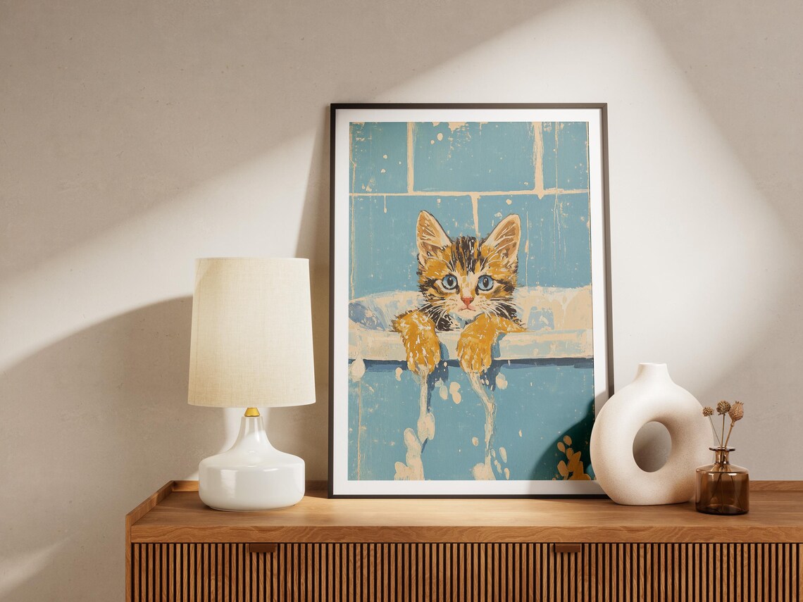Kitten in a Blue Bathtub Cute Animal Bath Time Art Wall Poster - Image 4