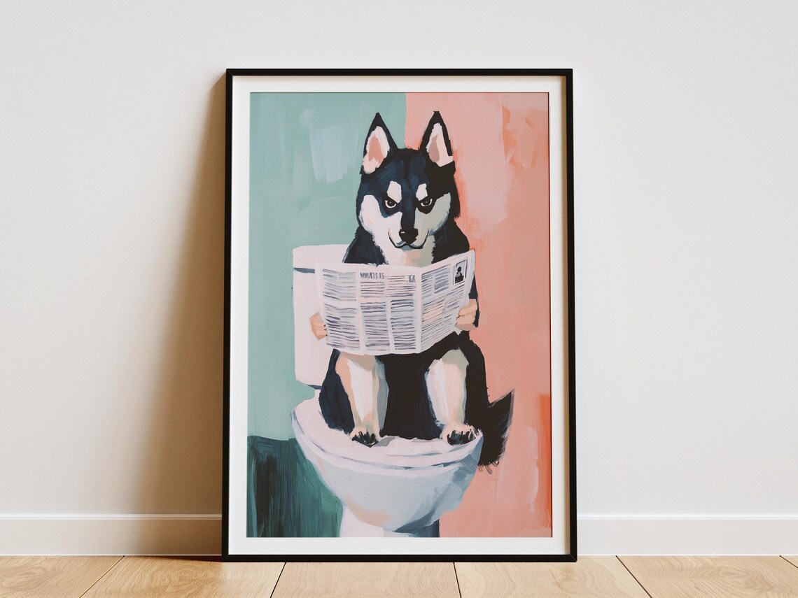 Funny Husky Dog Reading Newspaper On Toilet Cute Husky Poster