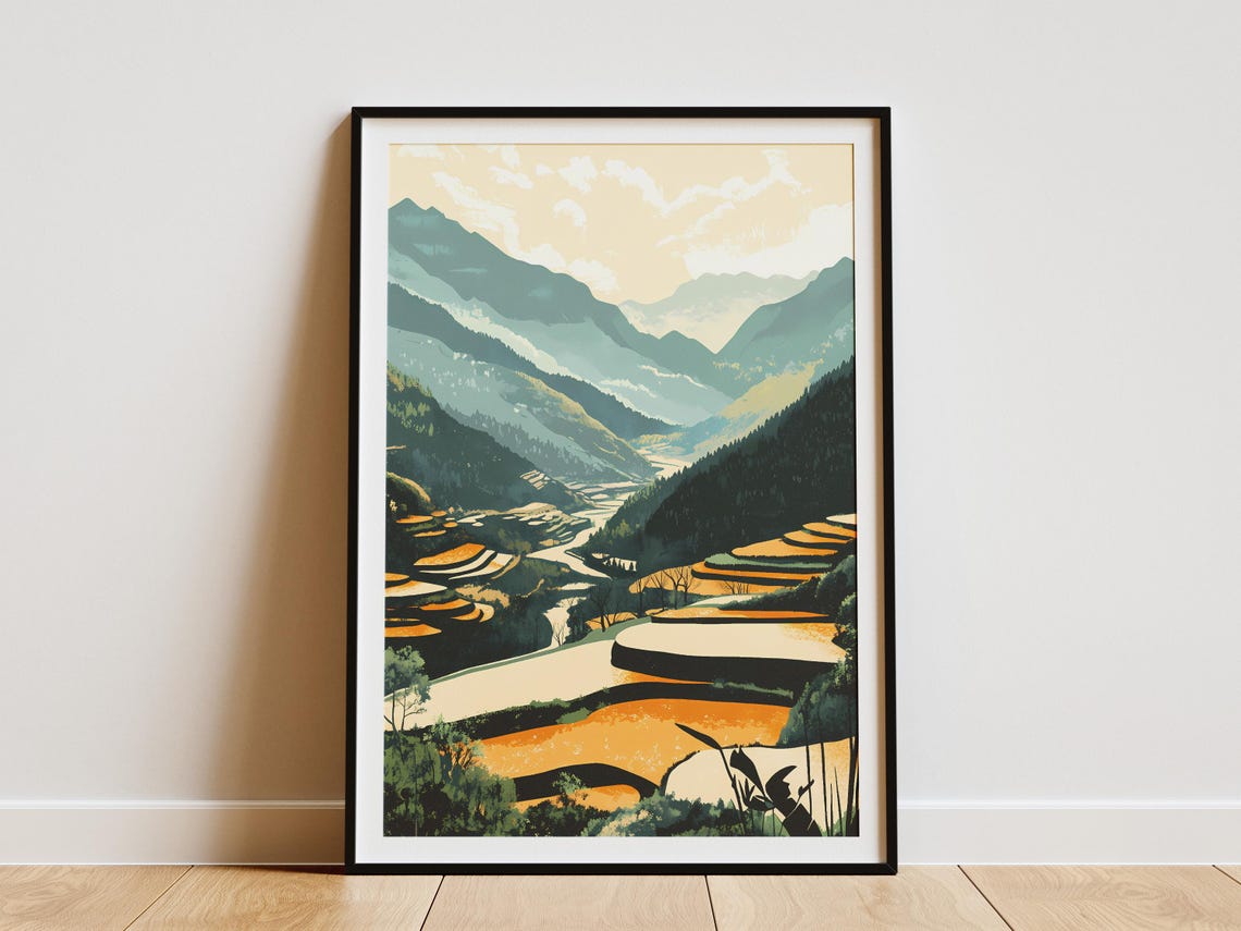 Huanglong Valley Golden Rice Terraces China Mountain Landscape Poster