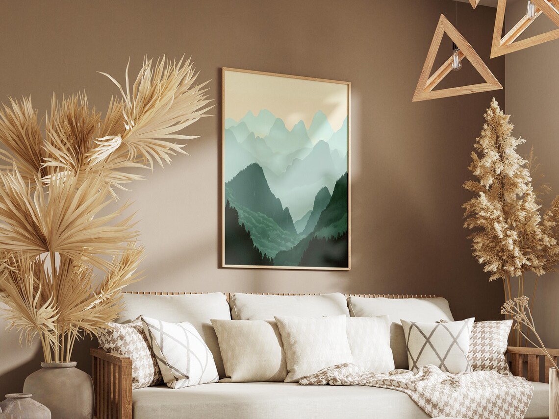 Layered Misty Mountain Peaks Minimalist Sage Green Nature Poster - Image 3