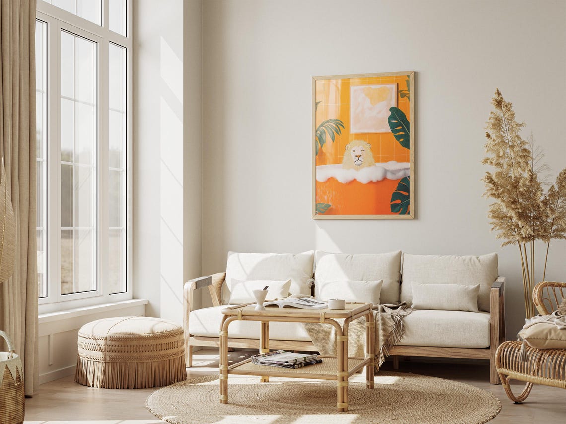 White Lion In An Orange Bubble Bath Tropical Bathroom Poster - Image 4