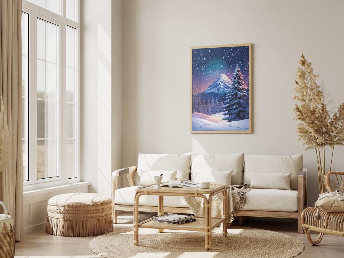 Snowy Mountain Peak Glowing Under a Starry Night Sky Winter Poster - Image 4