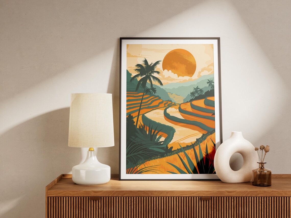 Bali Rice Terraces Indonesia Sunset Palm Golden Harvest Travel Poster - Image 2