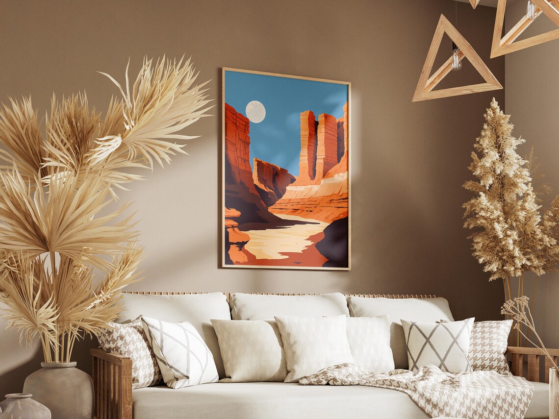 Red Sandstone Canyon Twin Pillars River White Moon Desert Poster - Image 3