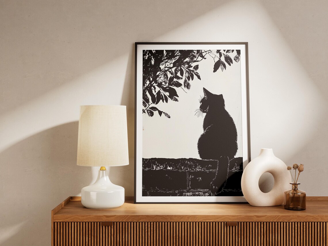 Black Cat Silhouette on Garden Wall Woodcut Style Art Poster - Image 5