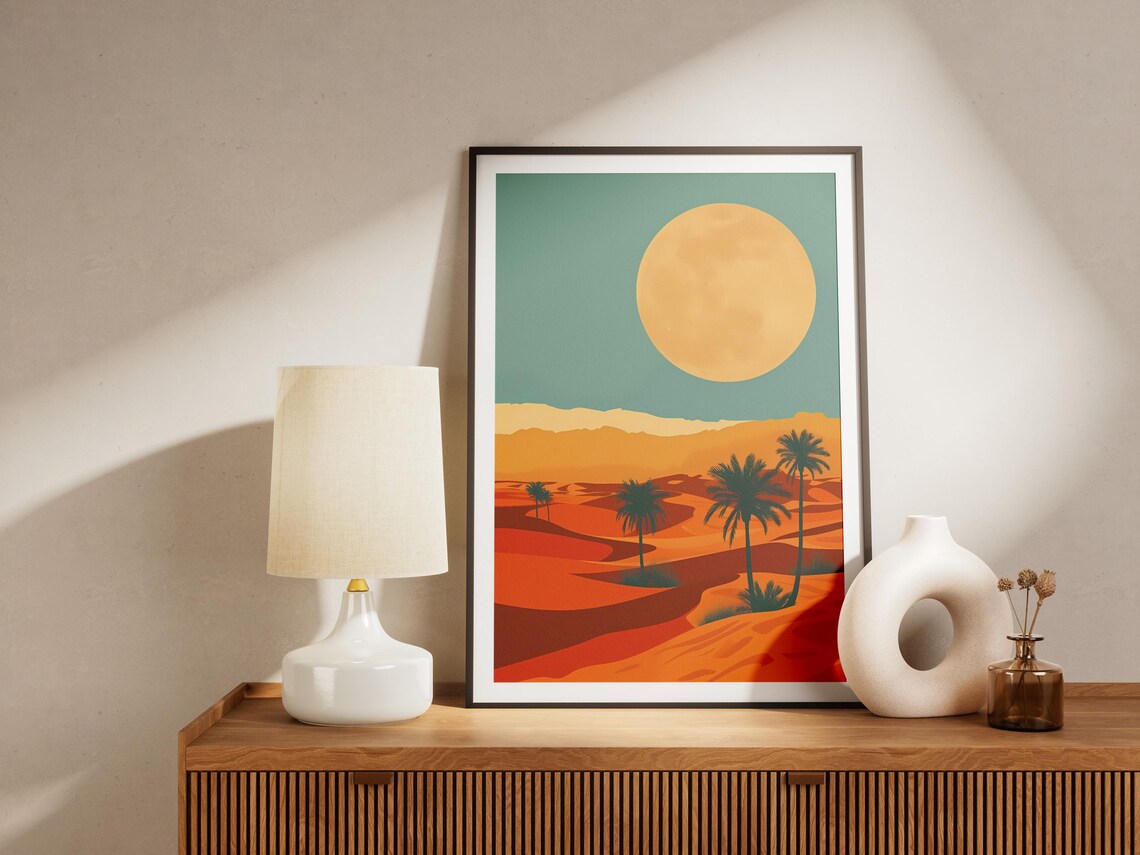 Sahara Desert Palms Giant Moon Minimalist Orange Landscape Poster - Image 2
