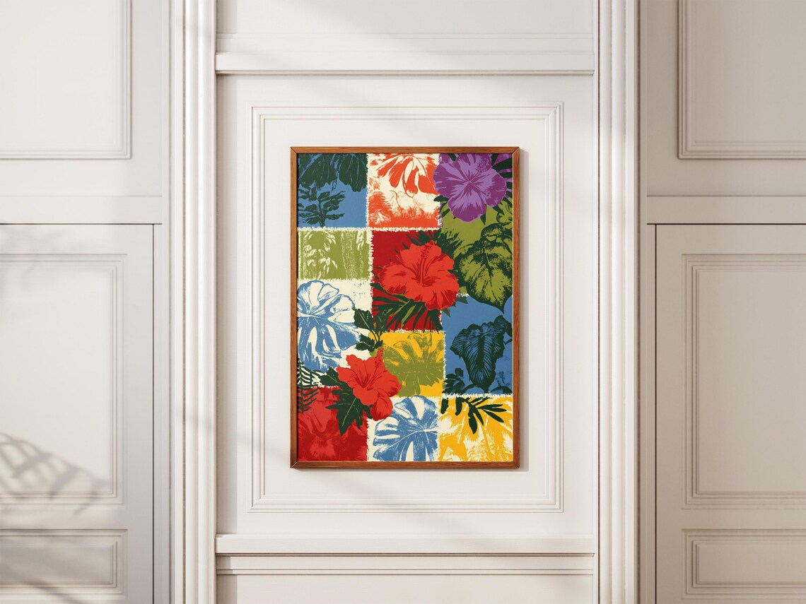 Hibiscus Flower Patchwork Tropical Collage Retro Colorful Art Poster - Image 2