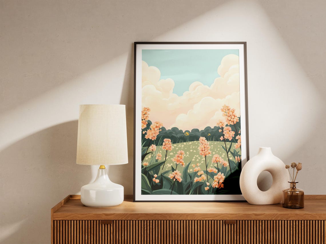 Peach Blossom Meadow Soft Cloud Sky Dreamy Botanical Flower Poster - Image 5