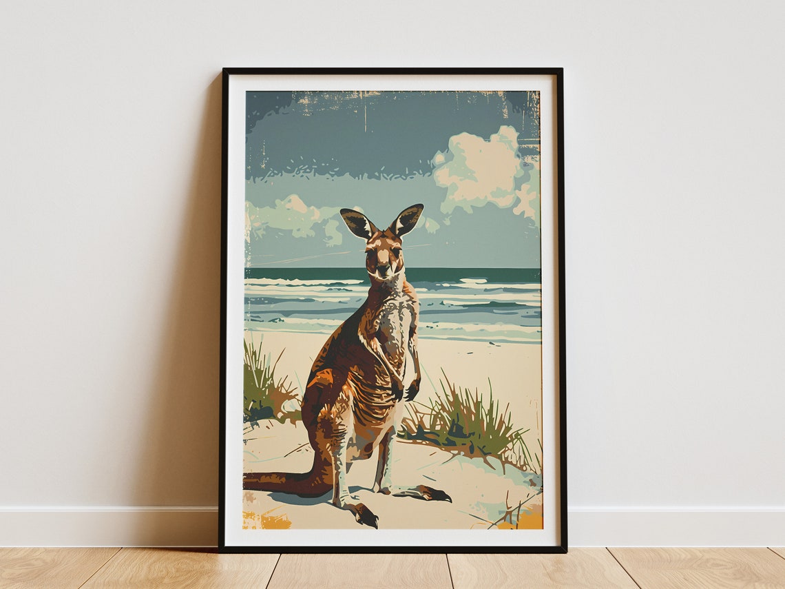 Vintage Kangaroo Beach Travel Poster Australia Wildlife Art Print Animal Wall Decor