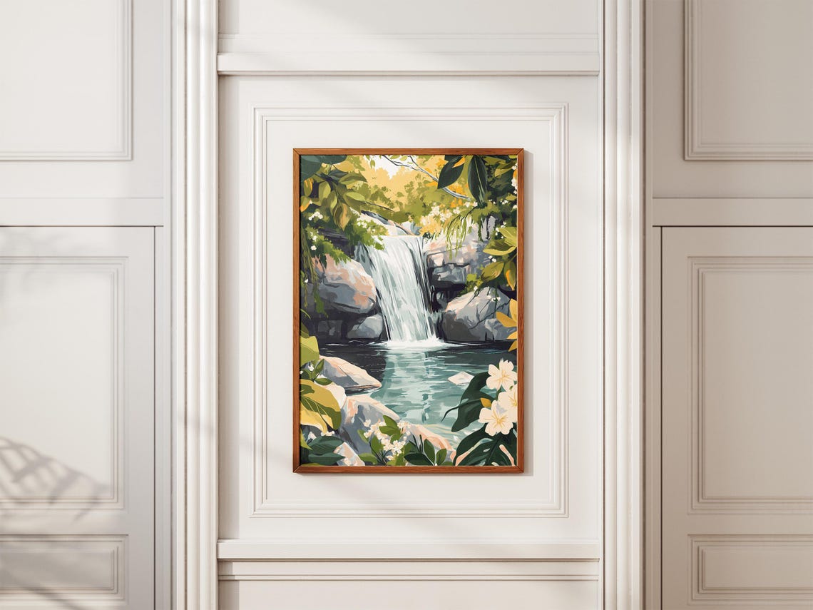Tropical Jungle Waterfall with White Flowers and Grey Rocks Poster - Image 2