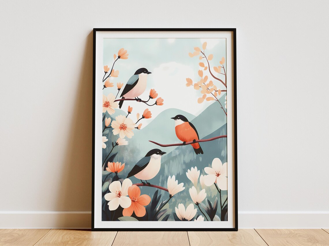 Three Colorful Songbirds Perched Among Peach Blossoms Art Poster