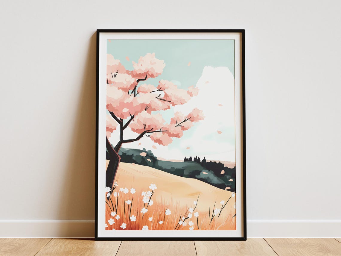 Pink Cherry Blossom Tree on a Golden Spring Hillside Bloom Poster