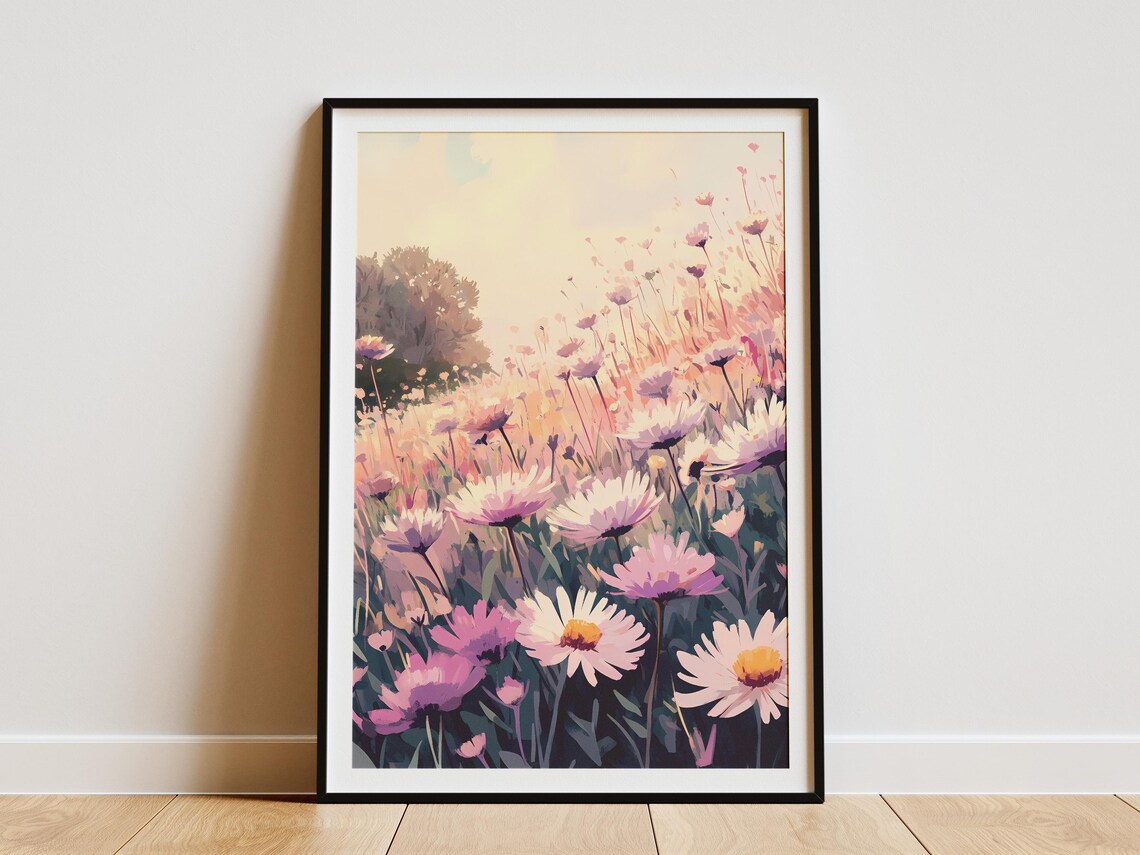 Pink Daisy Meadow At Sunrise Soft Impressionistic Floral Poster