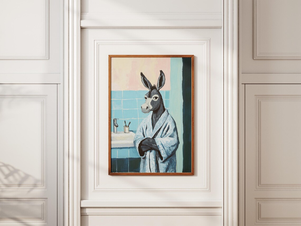 Donkey in Blue Bathrobe Funny Bathroom Animal Portrait Poster - Image 2