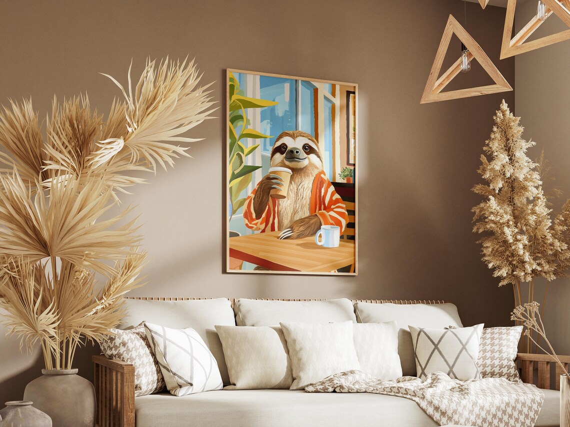 Sleepy Sloth in a Striped Robe with Takeaway Coffee Morning Poster - Image 3