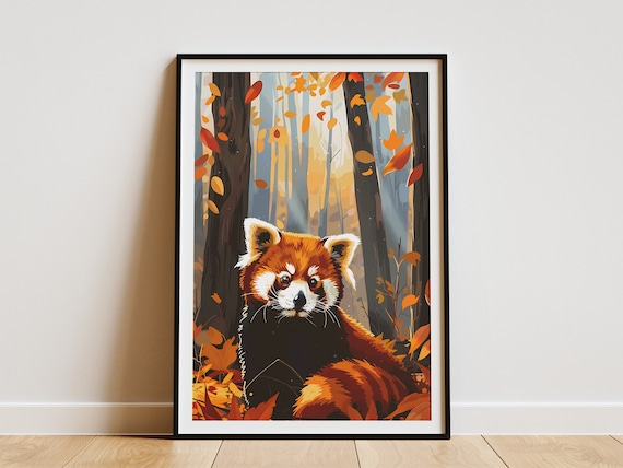 Red Panda Autumn Forest Falling Orange Leaves Cute Wildlife Poster
