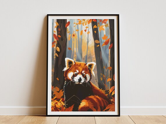 Red Panda In Autumn Forest Poster Wildlife Art Print Nature Animal Illustration Cute Animal Poster Forest Art Wall Decor