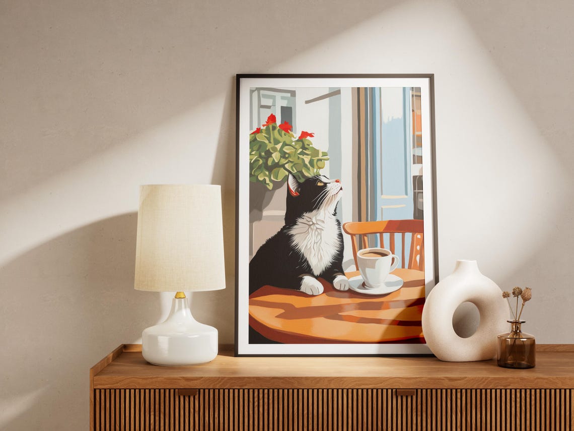 Tuxedo Cat At Cafe Table Coffee Cup Cozy Cat Lover Art Poster - Image 4