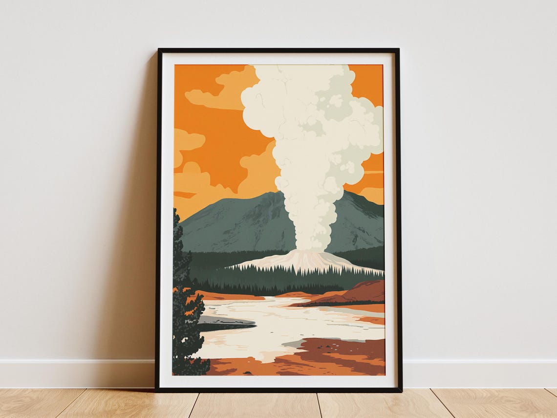 Valley Of Geysers Russia Federation Flat Illustration Poster Print Vintage Travel Russian Landscape Art Geyser Eruption Nature