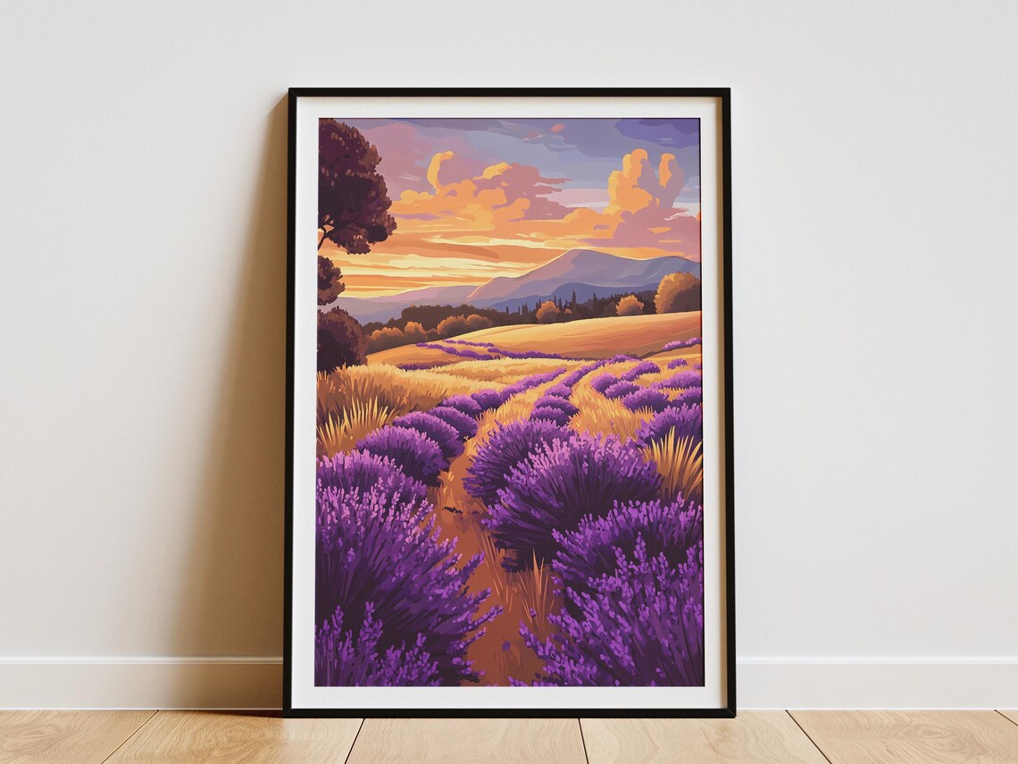 Lavender Fields At Sunset Golden Sky Provence Landscape Poster