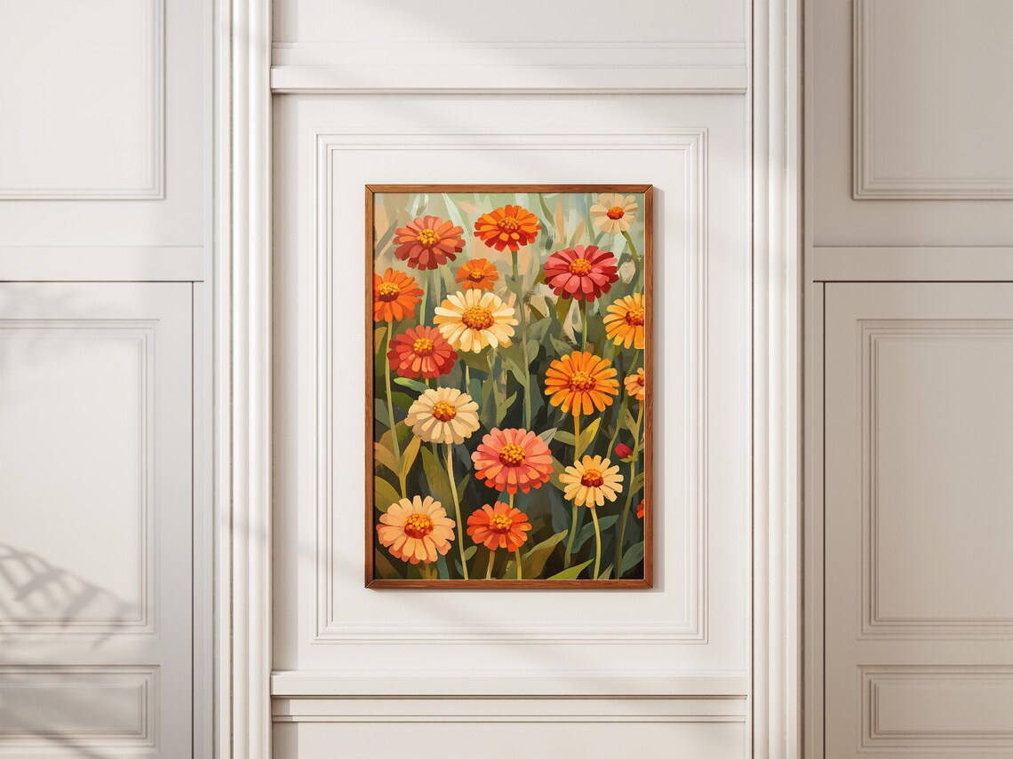 Zinnia Flower Field Warm Painterly Botanical Summer Wall Poster - Image 2