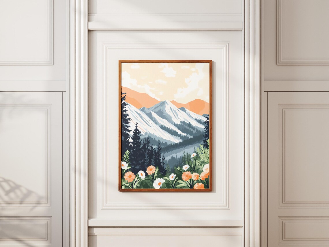 Misty Blue Mountains With Wild Daisies Botanical Landscape Poster - Image 2