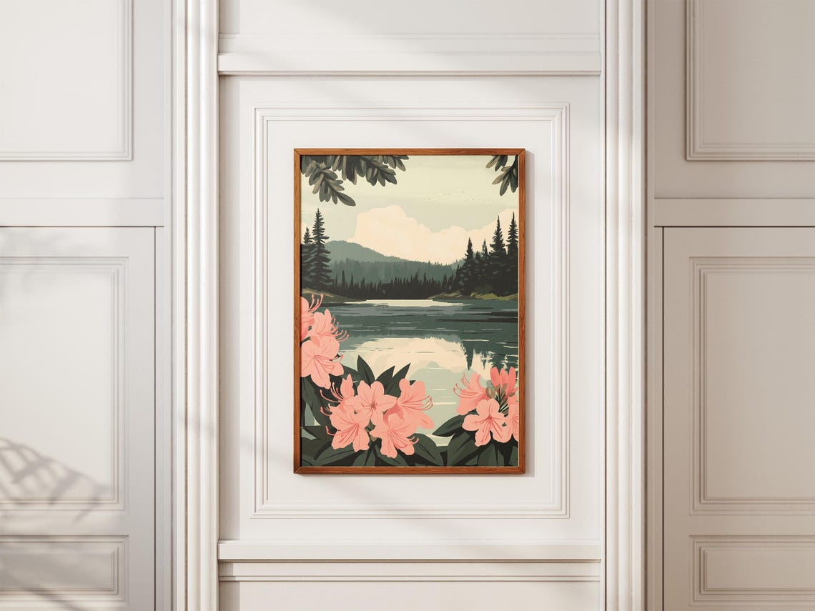 Pink Rhododendrons Framed Mountain Lake Pine Forest Scene Poster - Image 2