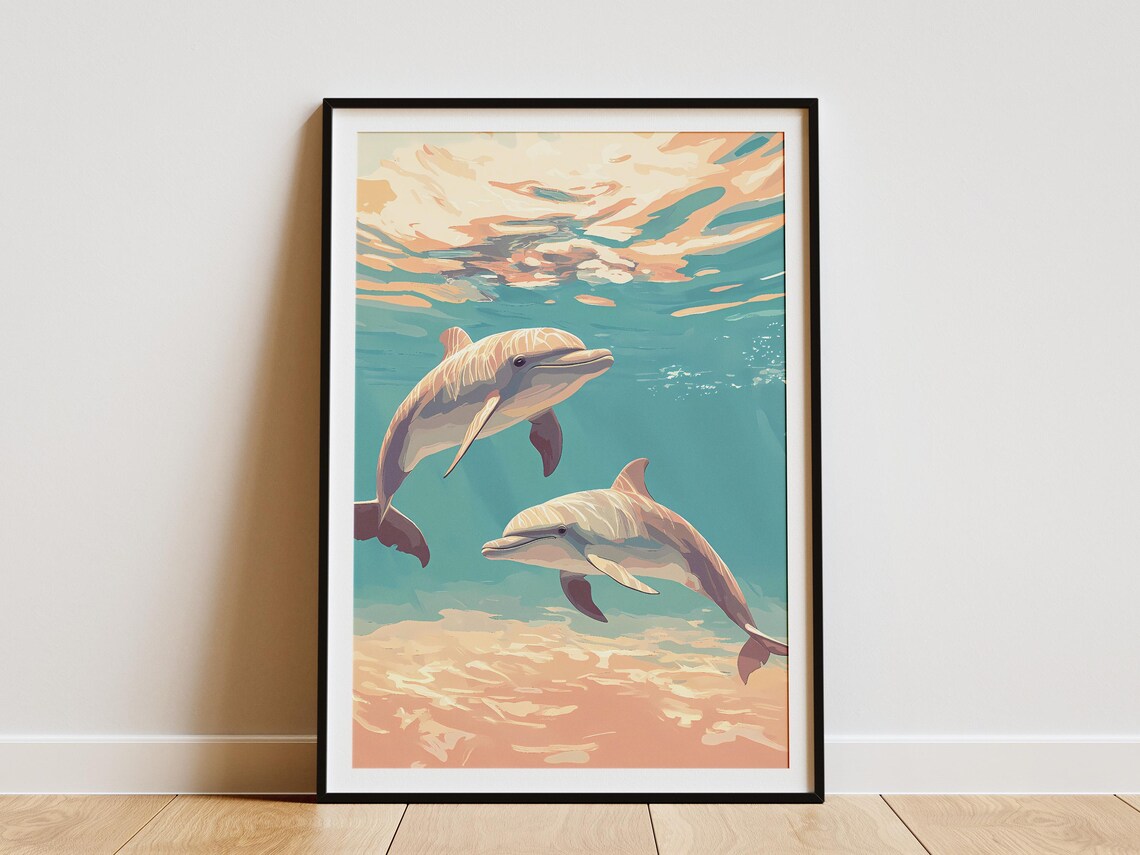 Two Playful Dolphins Swimming in a Pastel Turquoise Ocean Poster