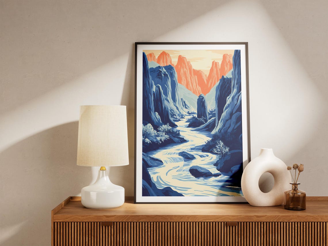 Canyon River Poster Blue River Landscape Print Nature Wall Art Modern Home Decor Blue And Orange Minimalist Artwork Abstract Mountain Scene - Image 5