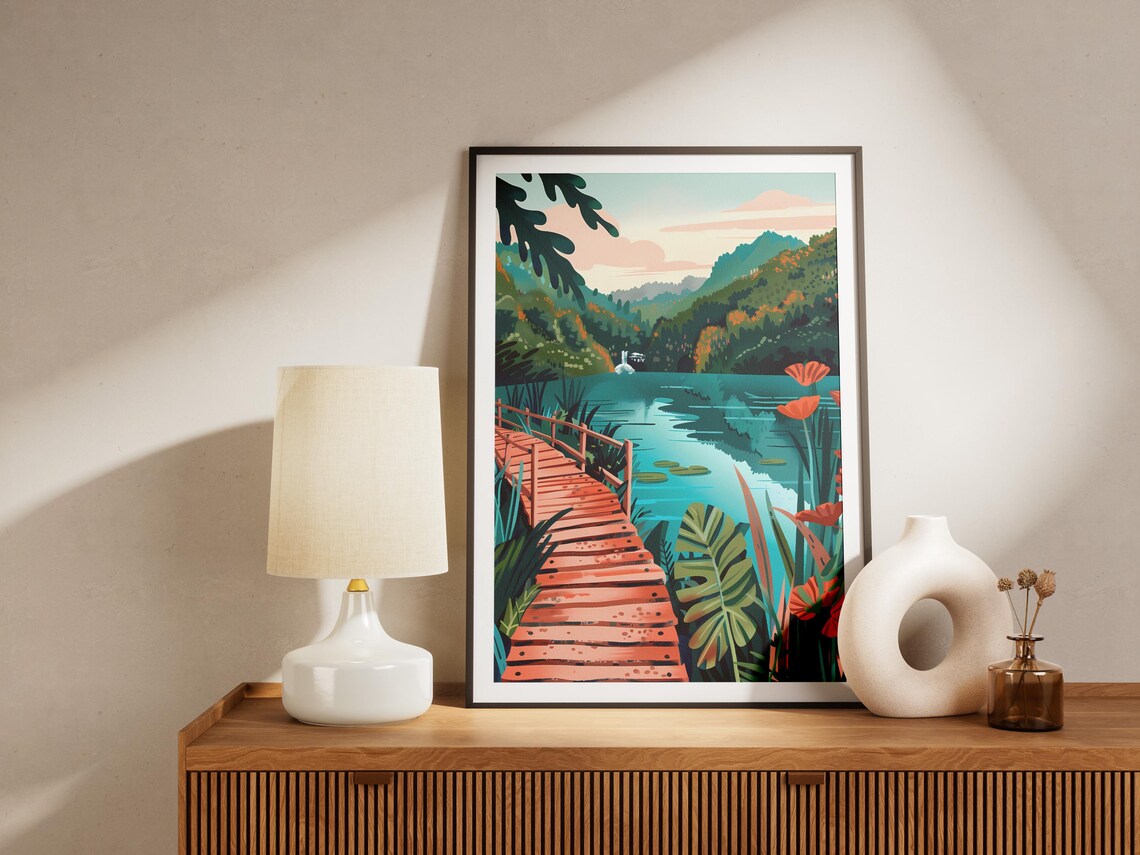 Plitvice Lakes Croatia Boardwalk Waterfall Minimalist Travel Poster - Image 2